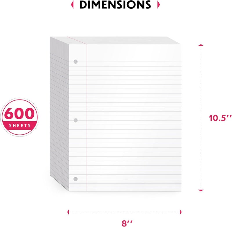Alitte Loose Leaf Paper, College Ruled, 600 Sheets (150/Pack) Filler Paper for Writing Notes - School, College, Office 3 Hole-Punch Lined Sheets for Ring Binders, Pocket Folders - White, 8 x 10.5 - Image 3